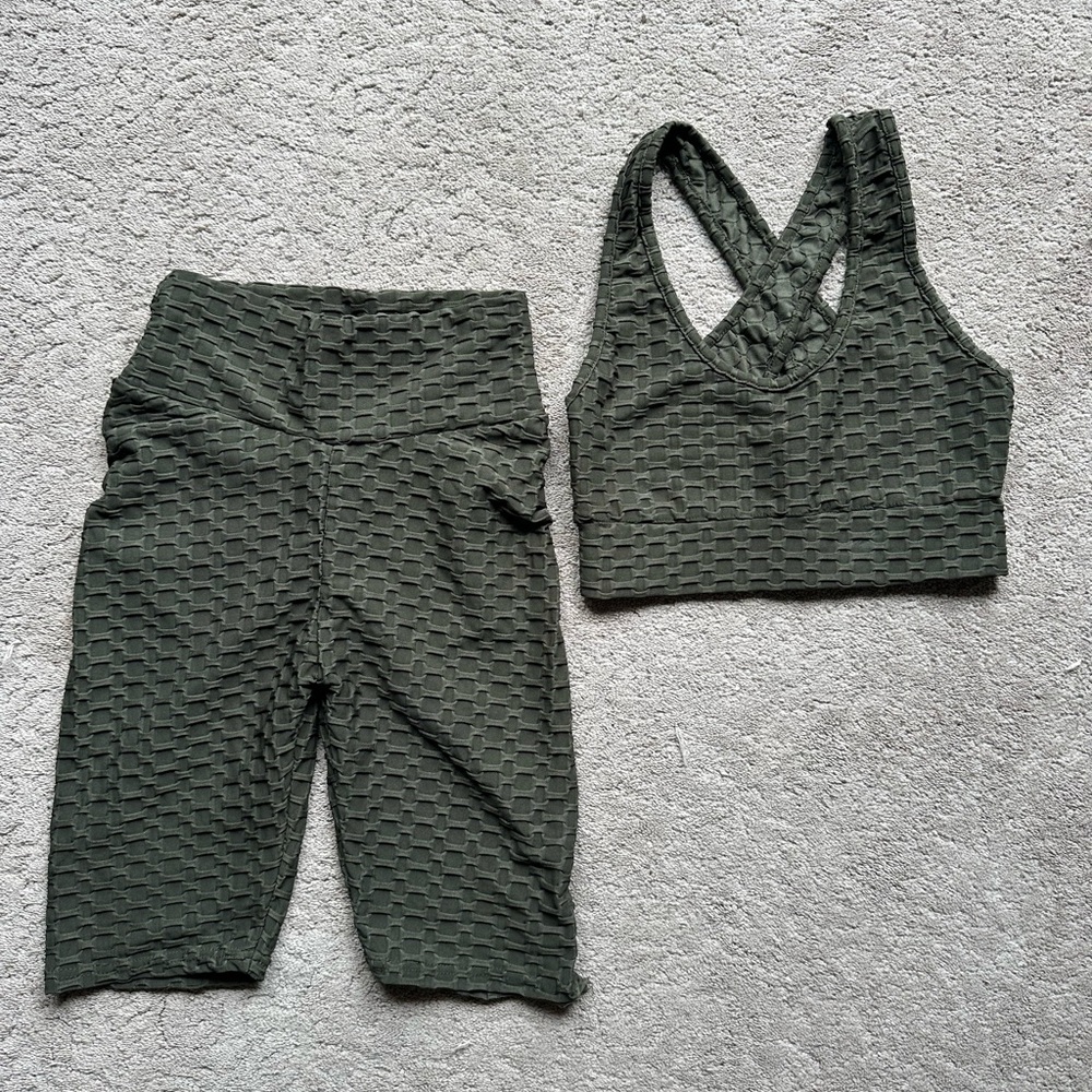 Textured Olive Green Workout Set - Cropped Leggings + Crisscross Sports Bra